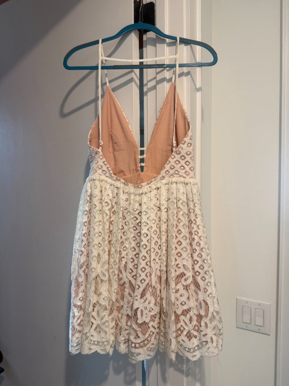 Revolve Lucy Paris Babydoll Dress in White Lace — Nude Lining (small) - Picture 4 of 5